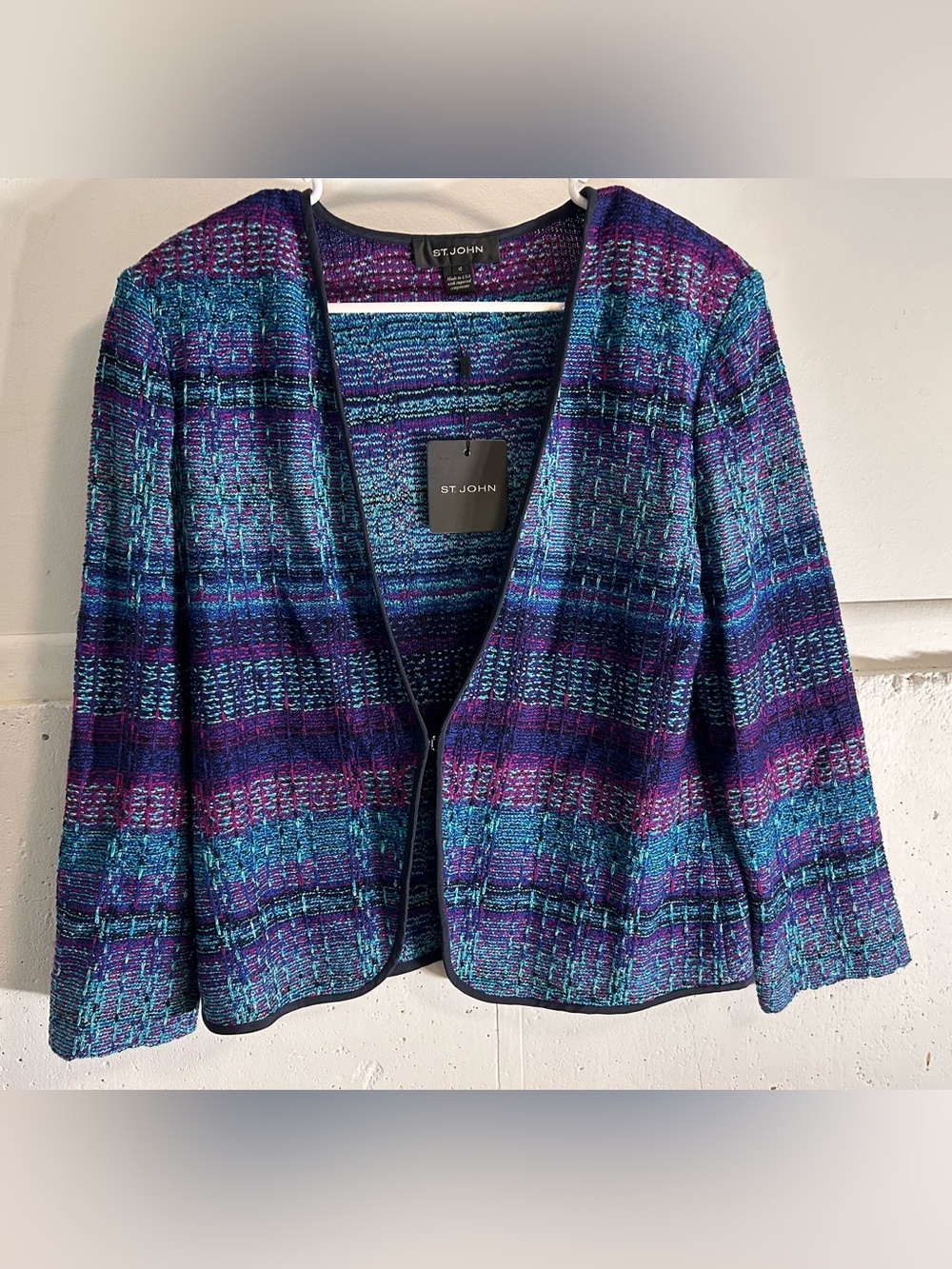 St. John Open-Front Tweed Jacket in Teal & Purple Designer Jacket NWT